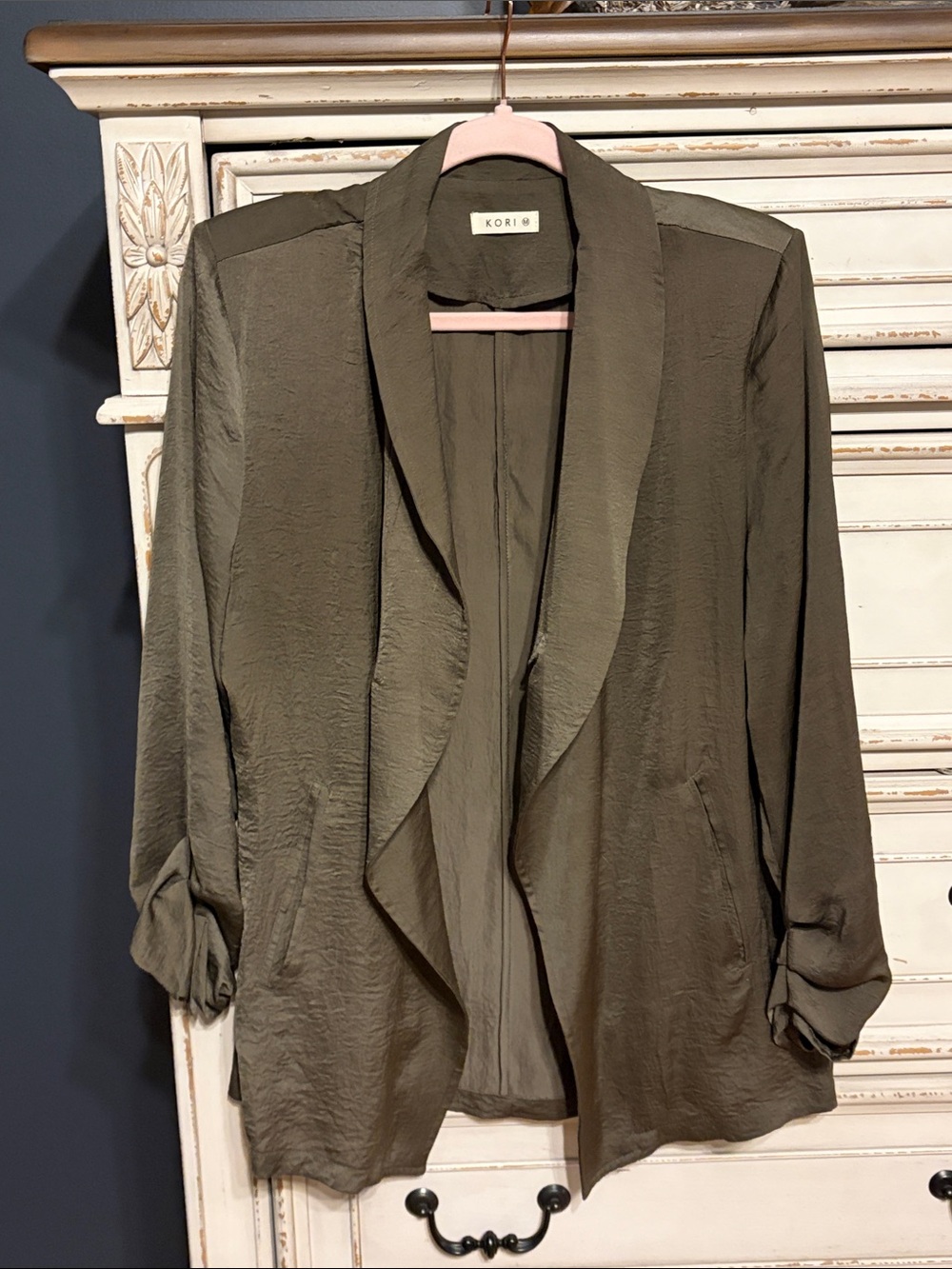 Kori Olive Green Draped Open-Front Blazer